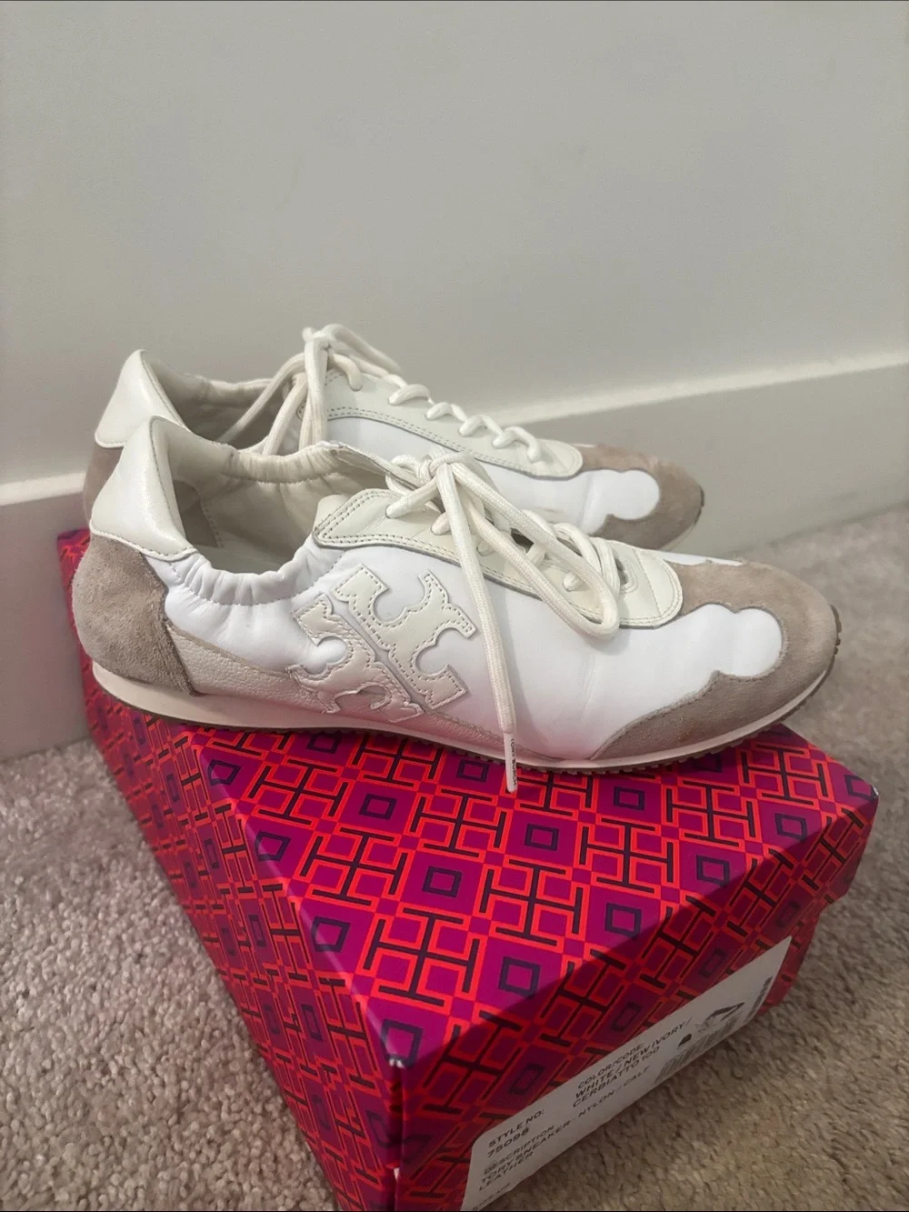Tory Burch White and Beige Suede-Trim Lace-Up Sneakers